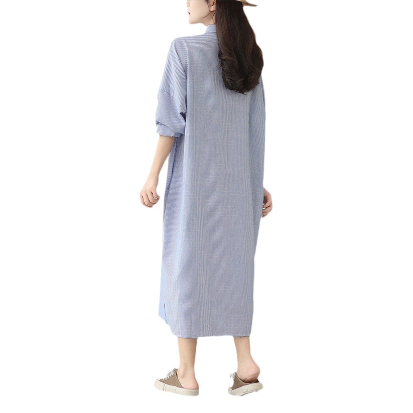 Real shot cross-border 2024 autumn artistic loose plus size long sleeve striped cotton and linen chubby girl over-the-knee shirt dress