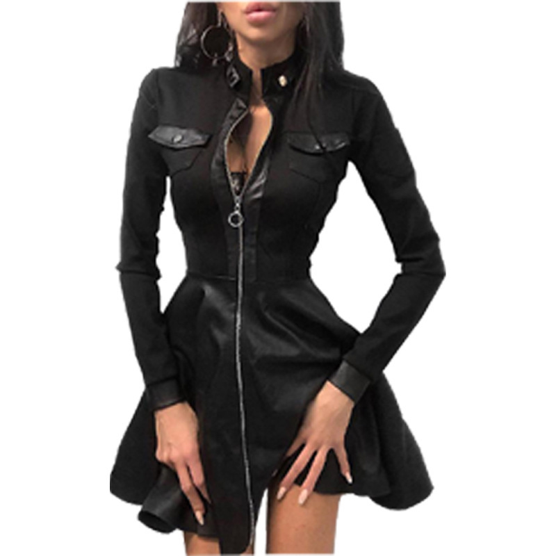Picture of Aliexpress Wish Export Women's Clothing Autumn and Winter New Fashion Pu Leather Splicing Waist Dress for Women