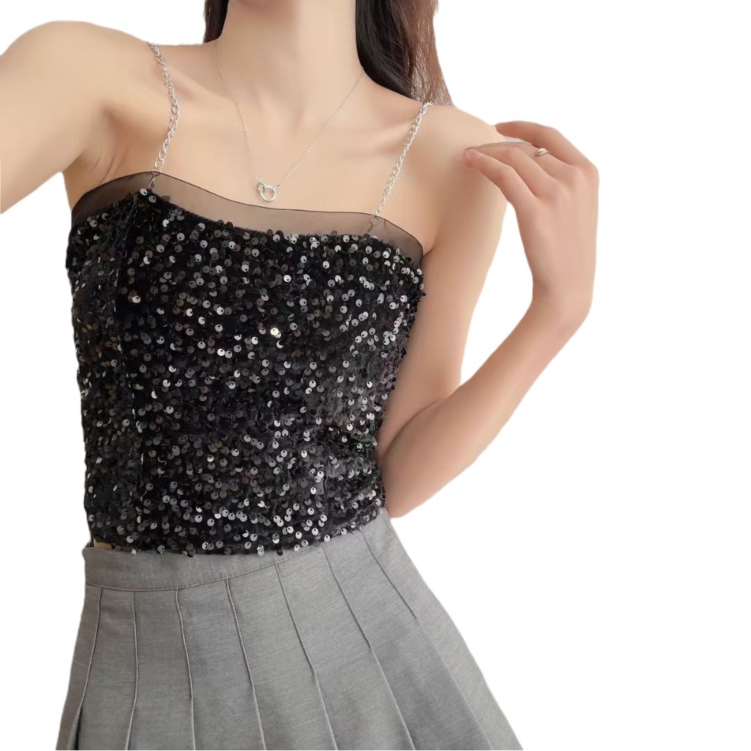 Pure desire sequin camisole chain inner wear hot girl sexy tube top underwear outer wear mesh stitching foreign trade underwear
