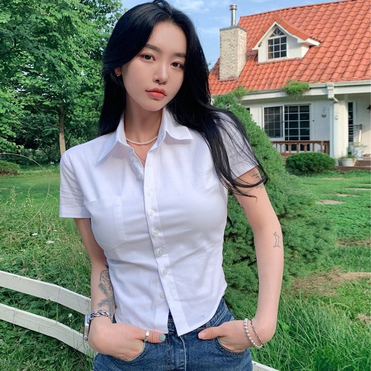 2025 Summer Pure Desire Waist-Cinching Sexy Hot Girl Shirt Short Sleeve Unique Top White Short Slim-Fit Shirt Women's Trend