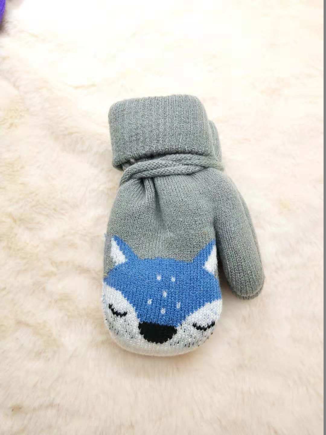 Picture of 3-Year-Old Cute Little Fox Winter Double-Layer Knitted Wool Fleece-Lined Thick Outdoor Warm Gloves Cartoon for Boys and Girls