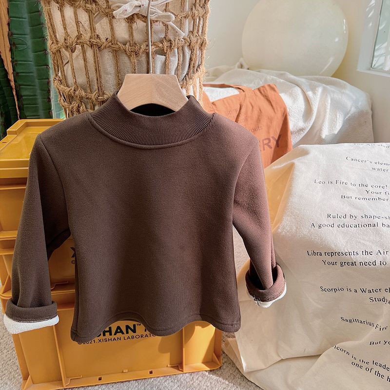 Picture of children's fleece-lined half turtleneck bottoming shirt autumn and winter Korean style men's and women's one-piece velvet warm top