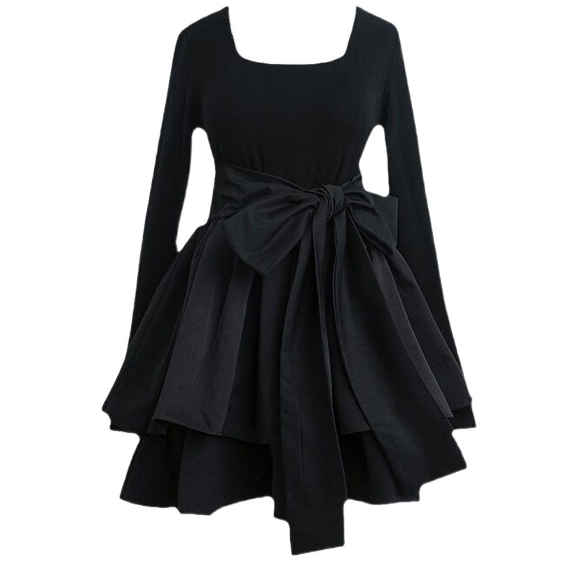 Hepburn Style Black Dress for Women Spring & Fall Lolita Pure Desire High-End Retro Waist Square Collar Puffy Little Black Dress