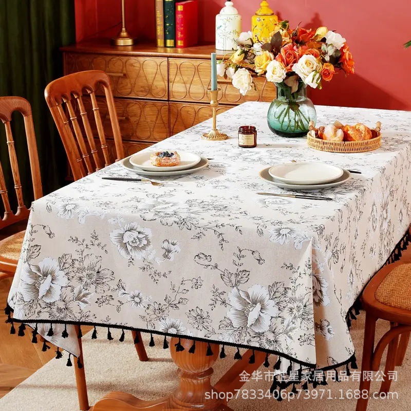 Peony Tassel Tablecloth Vintage Cotton and Linen Tablecloth Advanced Sense Dining Table Tablecloth Chinese Vintage Round Tablecloth Thickened in stock