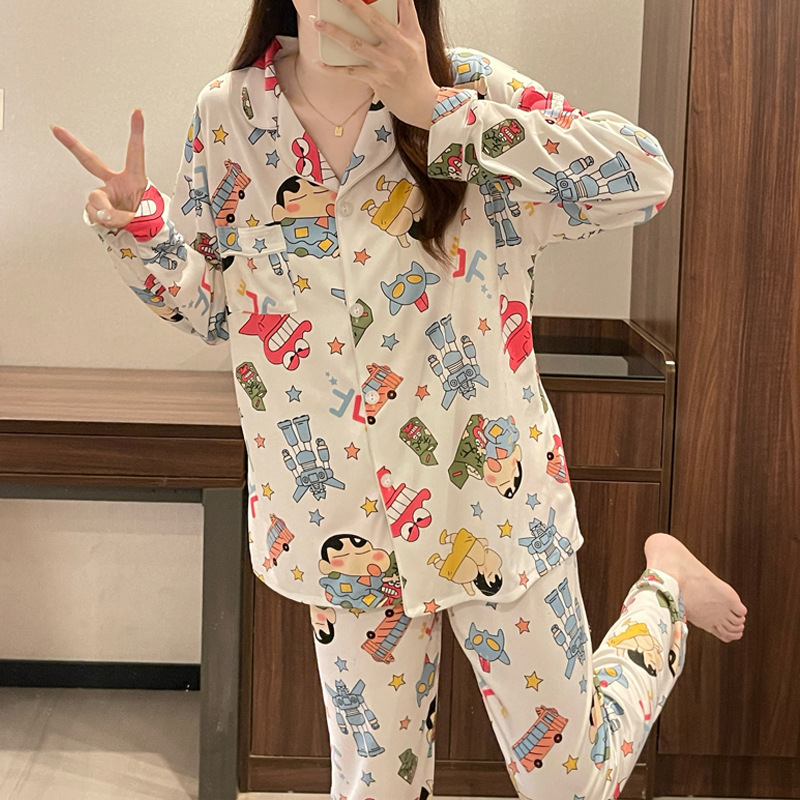 Picture of New Ins Pajamas for Women Simple Stripesd Internet Celebrity Long-Sleeved Cardigan Girl Korean Version Thin Home Wear Set Wholesale