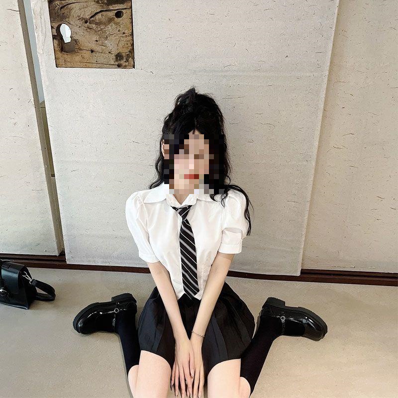 Picture of Summer New Tie Set Women's College Style Bubble Short-sleeved Top Slim Waist Shirt Women's Hot Short Shirt