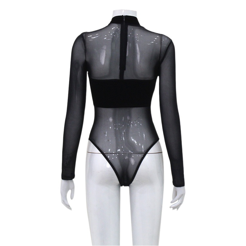 Picture of 2023 European and American women's mesh velvet stitching sexy cross hollow tight high waist temperament long sleeve jumpsuit women