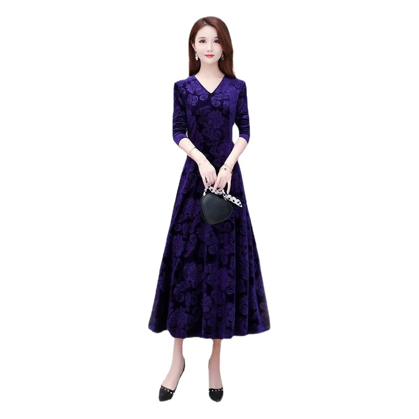 Velvet dress women's 2022 spring new long dress embossed V-neck long sleeve women's elegant slim slimming large swing skirt