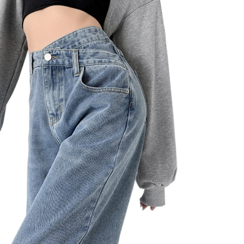 Picture of Irregular Loose Straight-Leg Jeans Women's All-Match Thin Slant Buckle High Waist Slimming Niche Wide Leg Trousers Summer