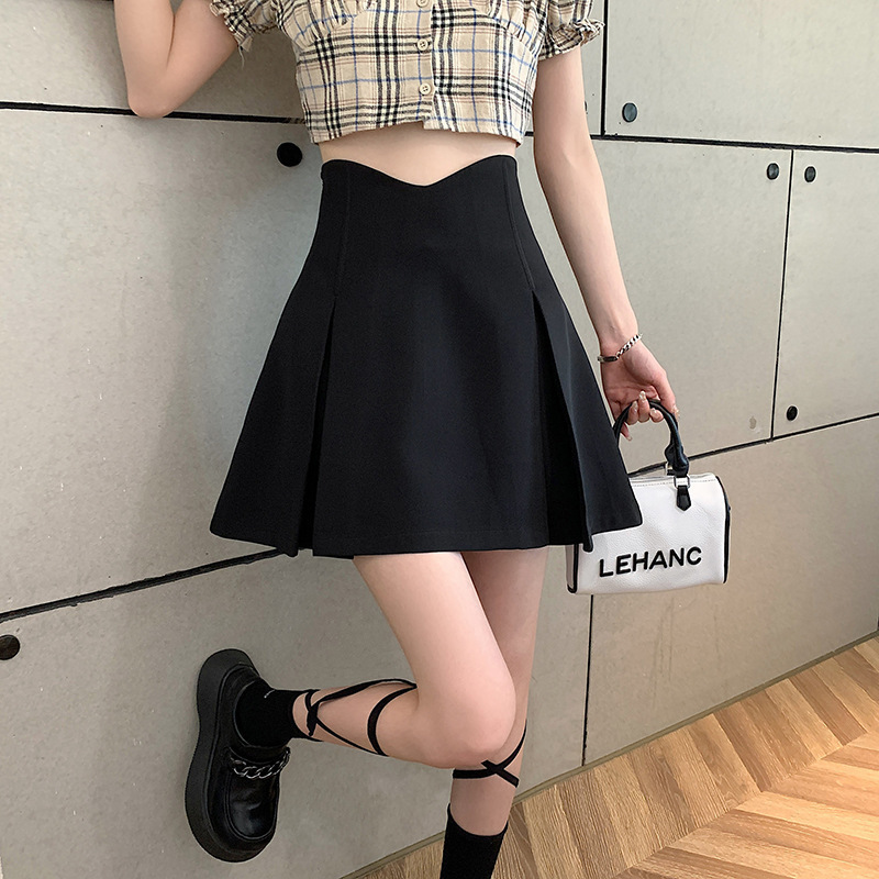 Summer Fishbone Covering Skirt Women's Spring Puffy Short Skirt High Waist A- character Black Hip 2024 New Pleated Elegant Slim Look