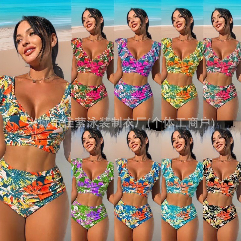 2025 European and American conservative sexy print split bikini pleated bikini beach women's swimsuit cross-border foreign trade