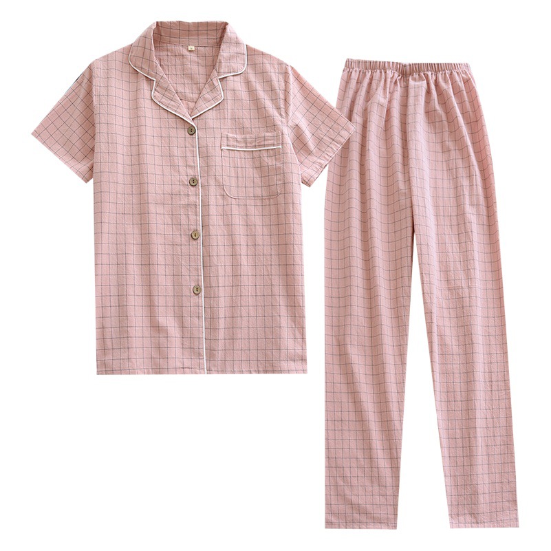 Pajamas Women's Cotton Short-sleeved Pants Set Summer Couple Wear Thin Single Layer Japanese Plaid Men's Home Wear Wholesale