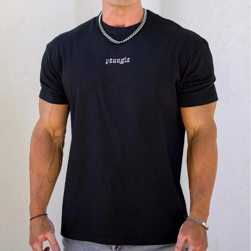 YOUNGLA Men's Oversized T-Shirt Muscle Sports Fitness Cotton Round Neck Short Sleeve Gym Running Basketball Training
