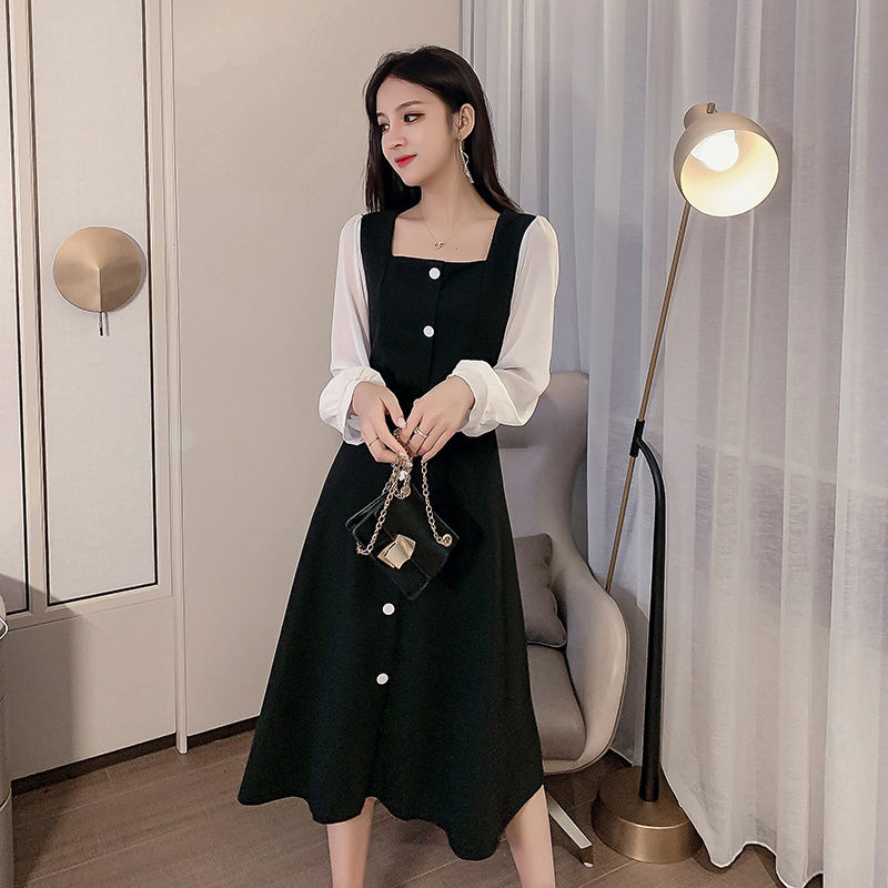 Spring and Autumn New Long-sleeved Dress Women's European-Korean Style Mid-length Slim-fit Large Size Vintage Base Dress Long Dress Women's Skirt