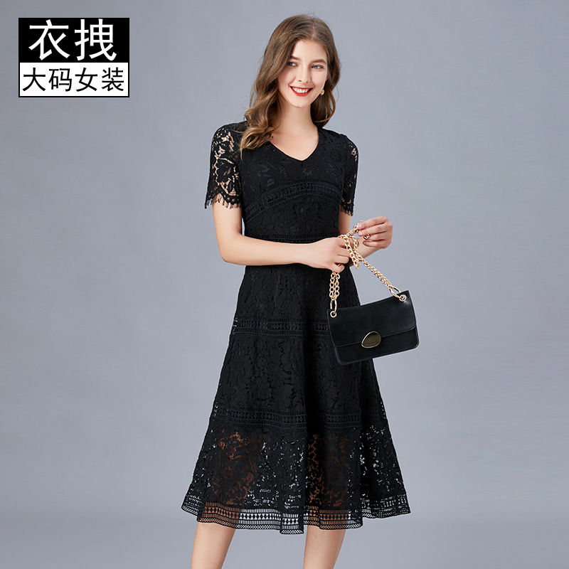 V-neck eyelash lace dress for women European and American summer large size New stitching large swing A- line midi dress 200kg