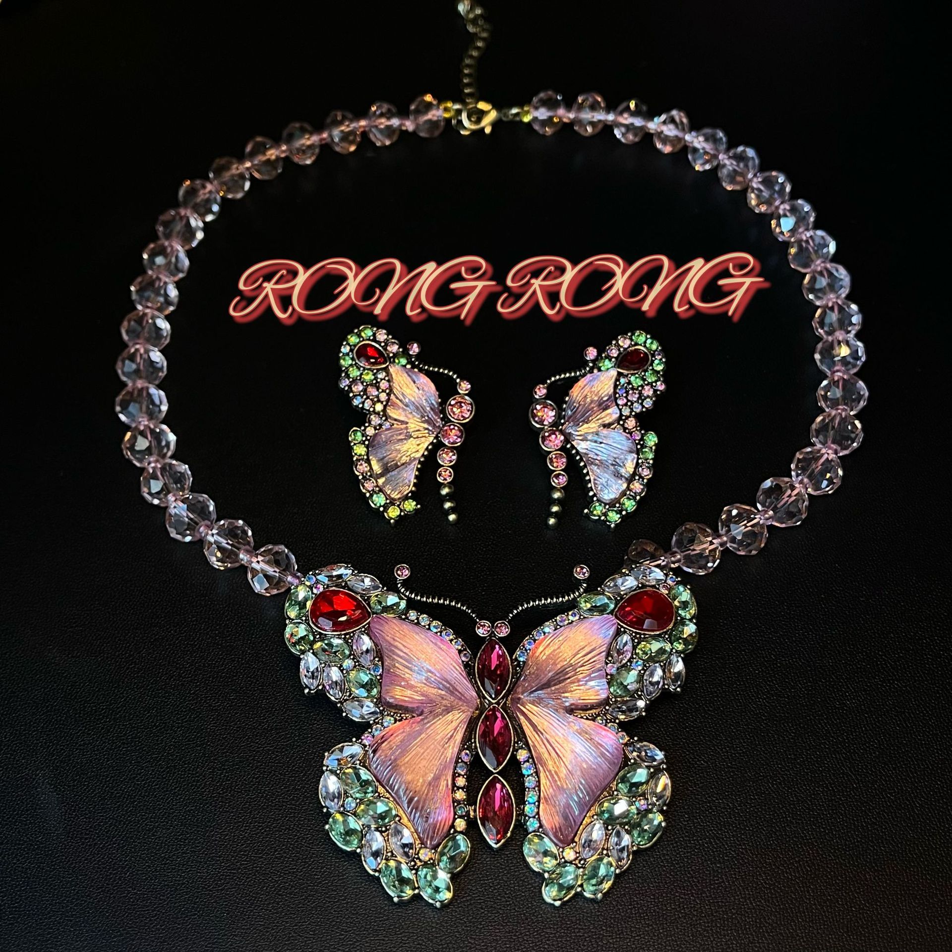Middle Ancient vintage Jewelry suit Fairy Fluttering Color Butterfly Earrings Necklace Sweet Cute Antique Jewelry