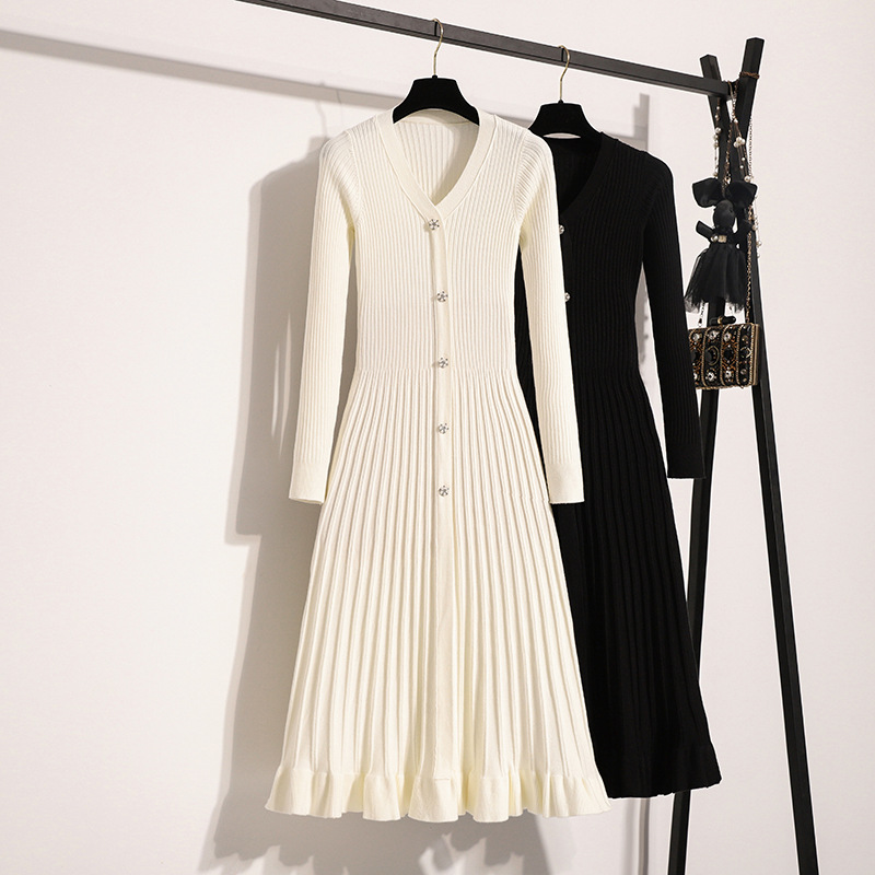 plus size Women's 2024 Fall/Winter New Knitted dress Fresh Simple Slimming Pleated Skirt Sweater Dress