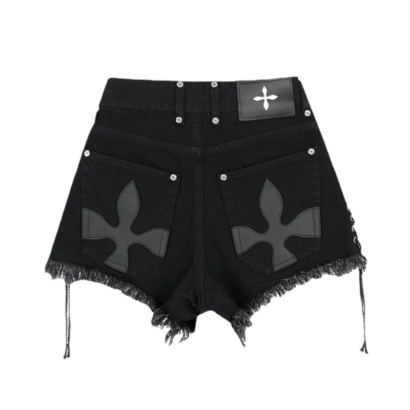 Lace-Up Raw Edge Cross Flower Picture Sweet Cool Dark Style Denim Shorts for Women Summer Outer Wear Large Size Fat mm Popular Hot Pants