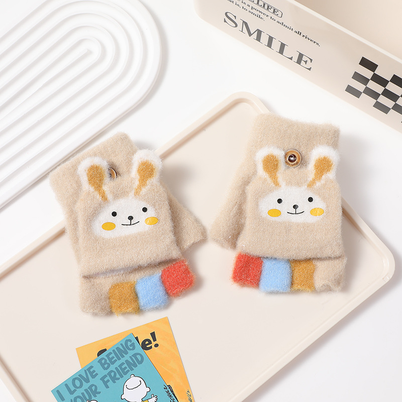 Picture of Children's flip gloves autumn and winter boys half finger warm cute Primary School students writing knitted dual-purpose gloves wholesale