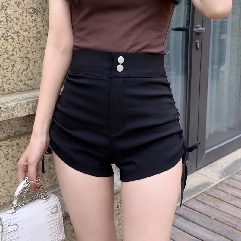 Pants Women's Drawstring Pleated High Waist Hip Sexy Hot Pants Elastic Outer Wear Small Black Wide Leg Shorts