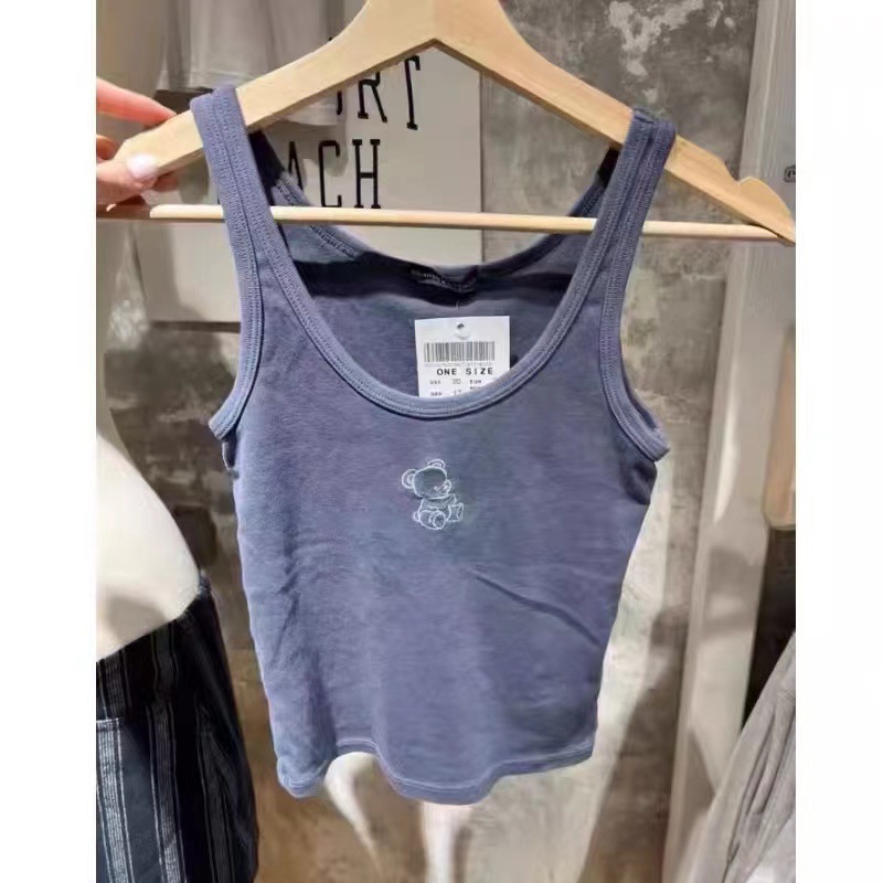 BM Style U-shaped Flat Denim Blue Sleeveless Vest Women's Bear Embroidered Slim-fit Small Sling Bm Spice Girls Slim Top