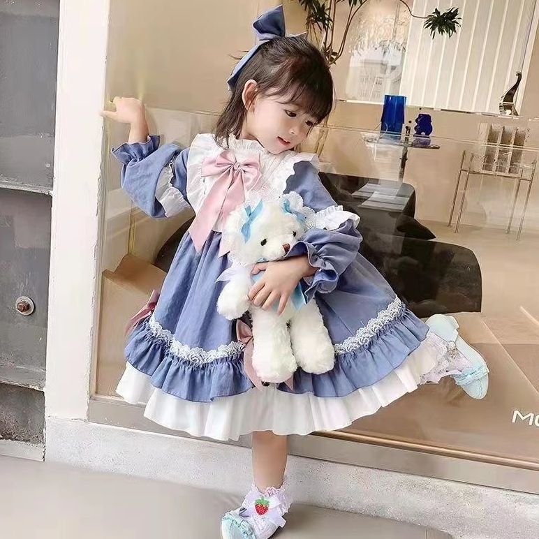 Long sleeve girls Lolita dress 2024 autumn and winter new heavy industry bow lace girl birthday skirt