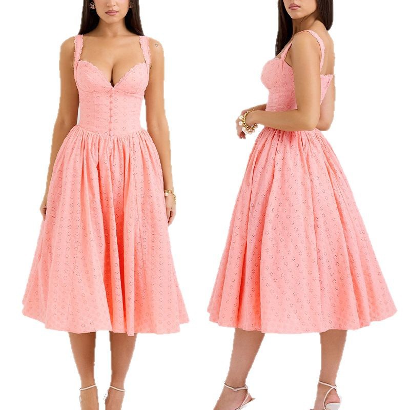 Cross-border Europe and America Amazon Independent Station New Solid Color Embroidered Soft Mesh Yarn Heavy Industry Sexy Slim Sling dress