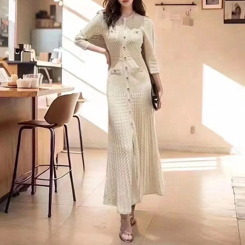 Cross-Border Aliexpress See-Through Long Skirt Summer Round Neck Crocheted Hip Skirt Temperament Waist Hollow Knitted Dress