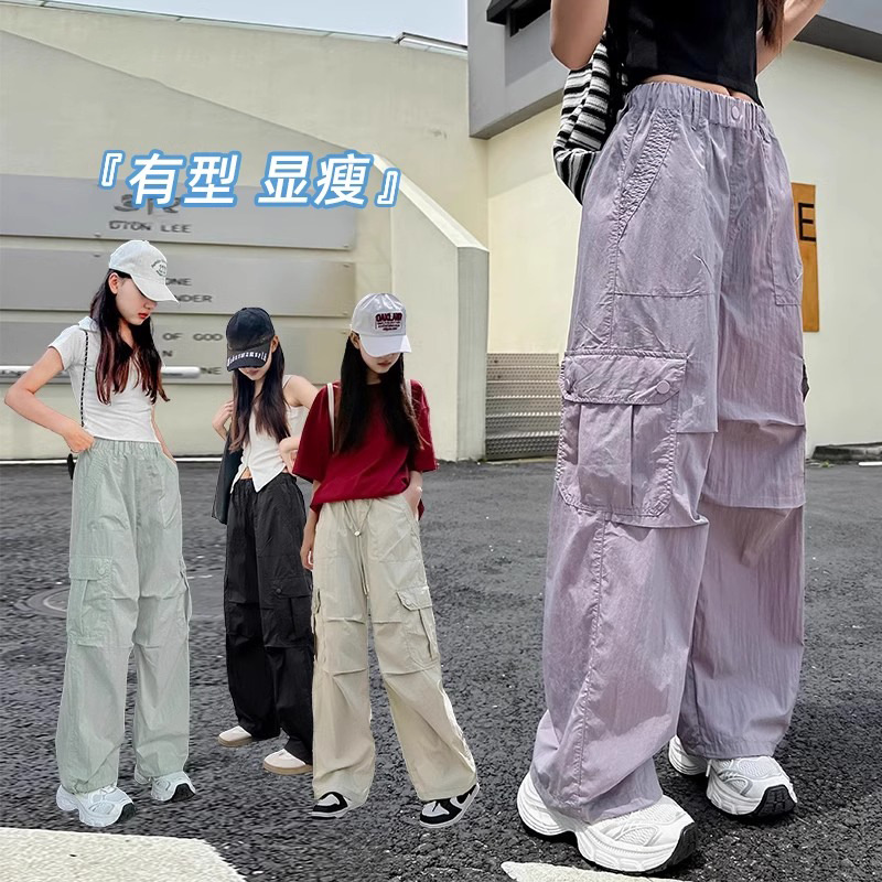 Children's Wear Cargo Pants Girls Cool Sage Style 2025 Summer New High Waist Wide Leg Trousers Large Children's Casual Paratrooper Pants