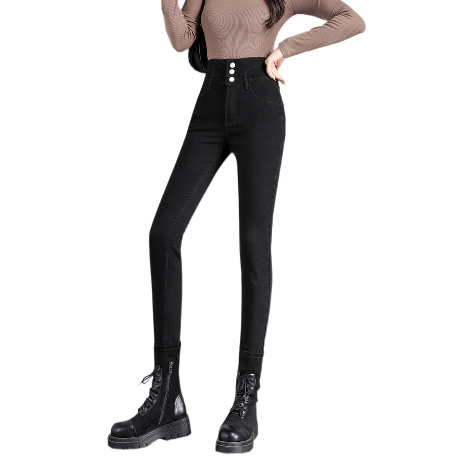 Buckle Super High Waist Jeans Women's New Stretch Belly-Tight Stretch Slim-Fit Black Leg Pants Tight Pencil Cropped Pants