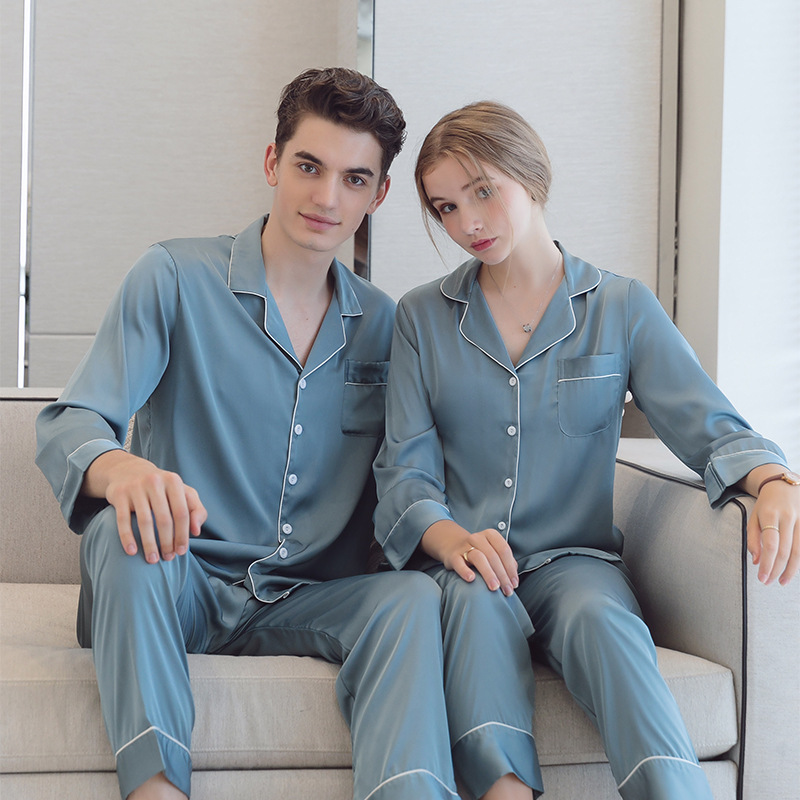 Couple Pajamas for Women Spring and Summer Ice Silk Long-Sleeved Cardigan Suit Autumn and Winter Plus Size Men's High-End Solid Color Home Clothes