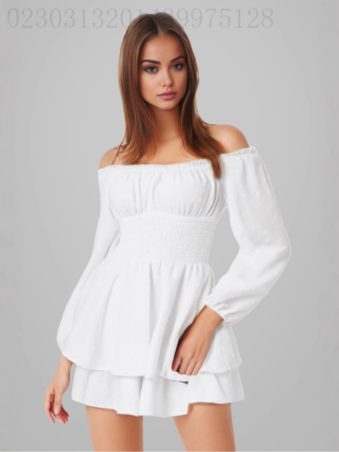 Picture of Women's Pleated Collar Long-Sleeved Casual Ruffled Jumpsuit French Shorts