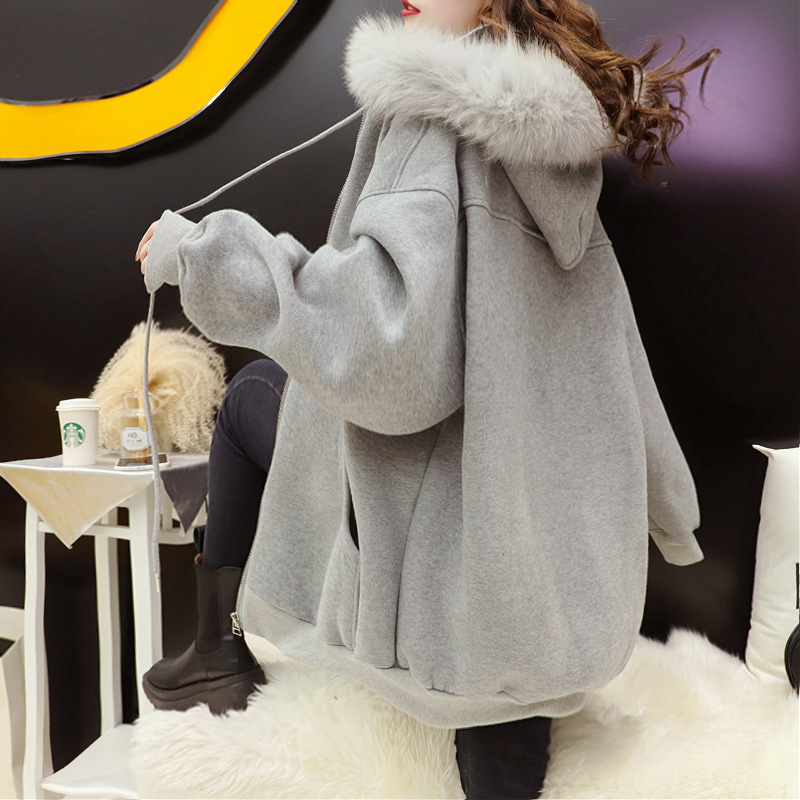 Picture of Mid-length Fleece-lined Jacket Women's Loose Korean-style All-match Solid Color Fur Collar Hooded Cardigan Women's Thickened Trendy Sweater