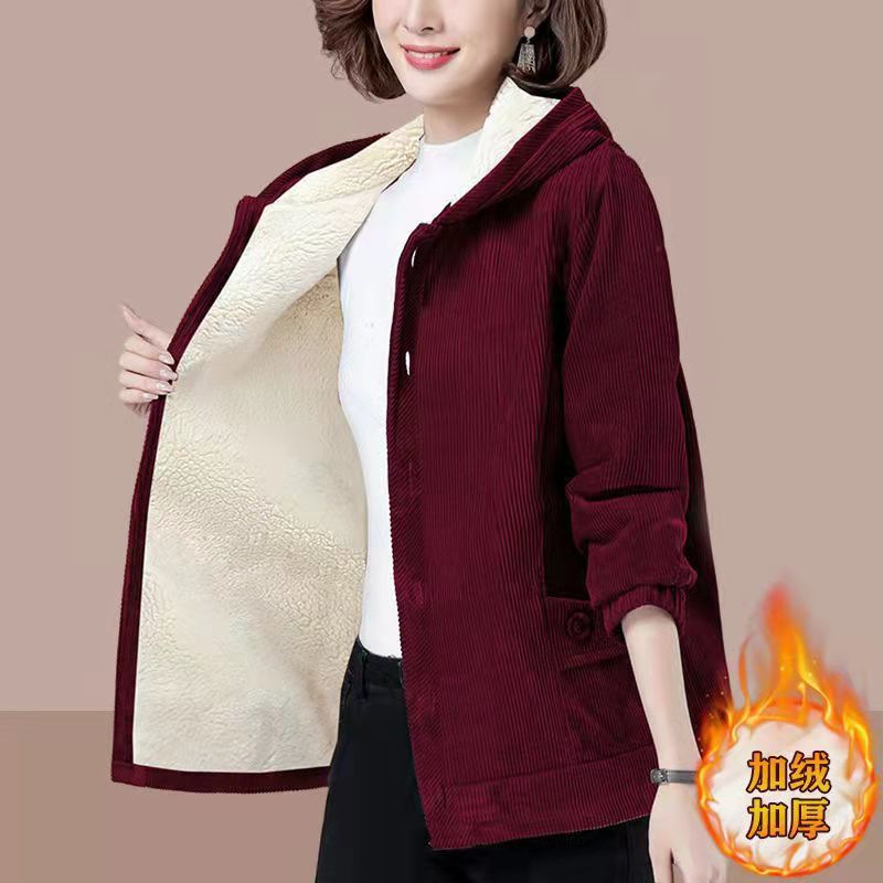 2024 autumn and winter new corduroy ladies coat fleece-lined thickened arctic velvet loose slimming middle-aged and elderly mothers