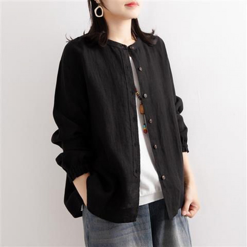 Picture of Artistic Retro Spring and Autumn Cotton Linen Shirt Women's Loose Round Neck Shirt Jacket Casual Jacket Neck Sleeve Top Women