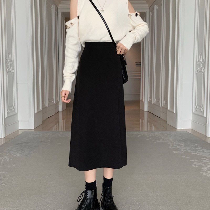 Picture of 2022 Summer Suit Skirt for Chubby Girls Large Size Meat Covering New High Waist A- Line Skirt Mid-Length Rear Split One-Step Skirt