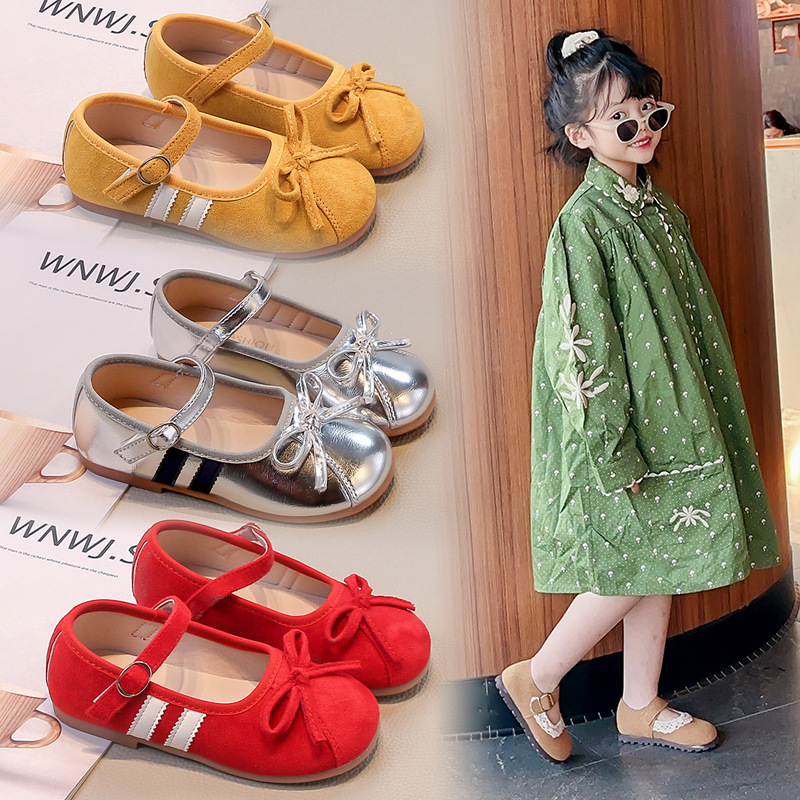 Children's bow small leather shoes 2025 spring and autumn new girls' shoes fashion ballet style princess shoes casual shoes