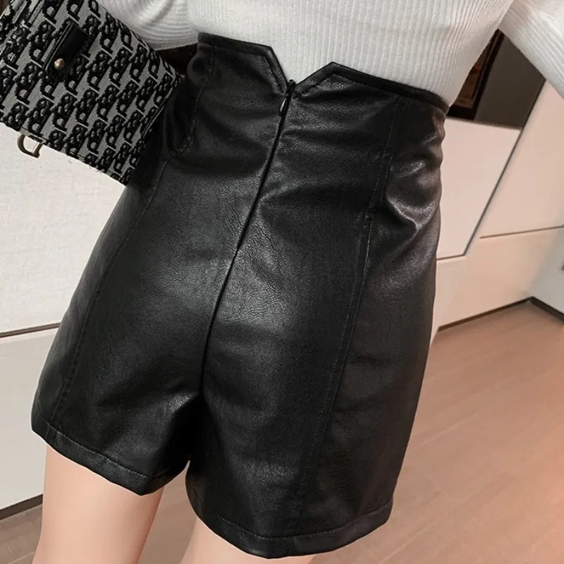 Picture of Internet Celebrity Pu Leather Autumn and Winter High-Waisted Wide-Leg Leather Shorts for Women's Outer Wear New Korean Style Slim Casual Leggings Boot Pants