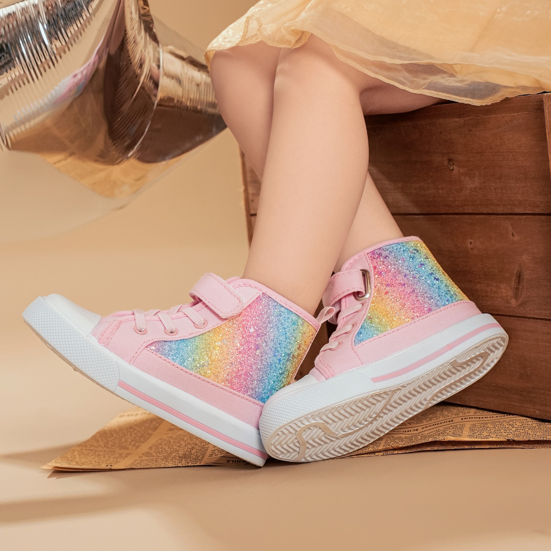 Children's Cloth Shoes Autumn and Winter Classic Velcro High-top Board Shoes Sequin Princess Shoes Casual Women's Shoes Student Canvas Shoes