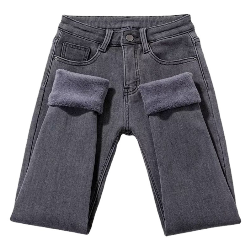 Velvet Jeans for Women in Autumn and Winter, New Korean Style Slimming Look Black Loose Pants, High-Waisted Tight-Fitting Outer Wear for Small Feet