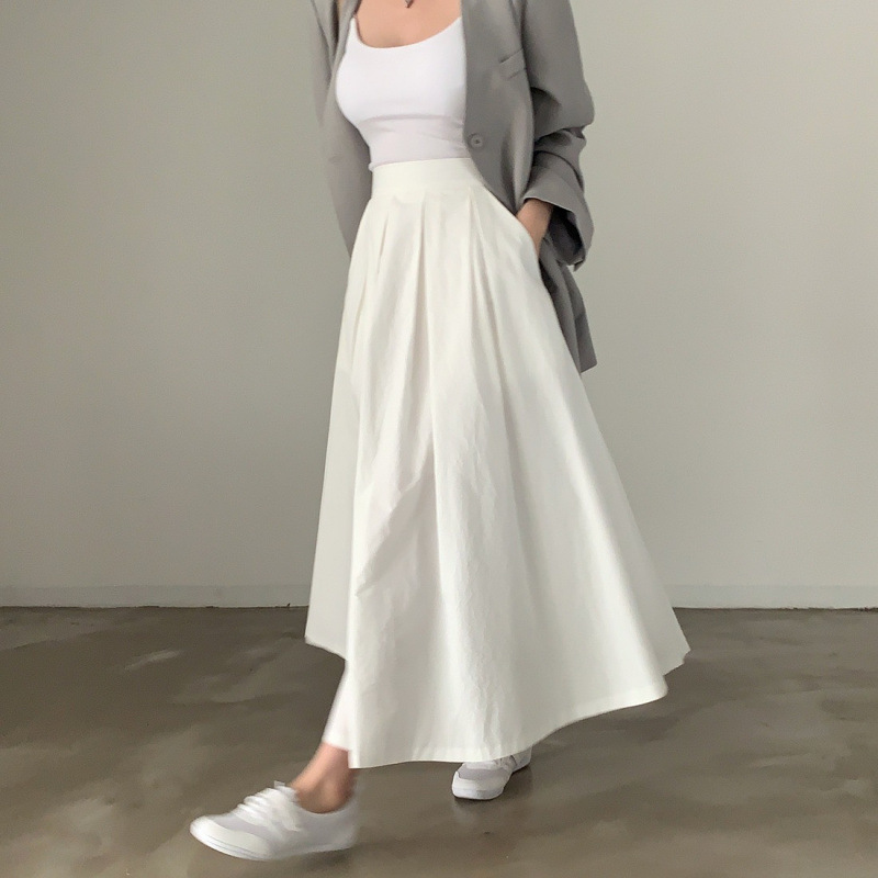 Korean Chic Spring French Style High-Waisted Slimming Look Pure Color Versatile A-Line Pleated Skirt Long Skirt for Women