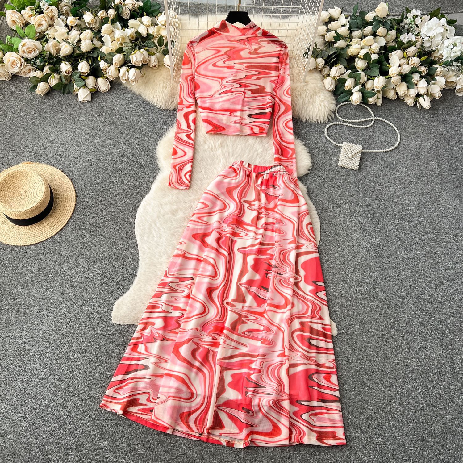 European and American style 2023 new pure hot girl short long sleeve mesh top high waist skirt fashion tie-dyed suit