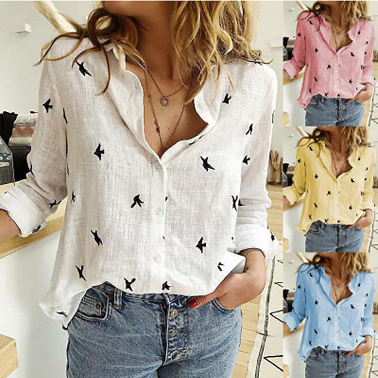 2020 Spring and Autumn Asia ma Xun ebay European and American Women's Animal Printed Casual Loose Long Sleeve Linen Shirt Spot