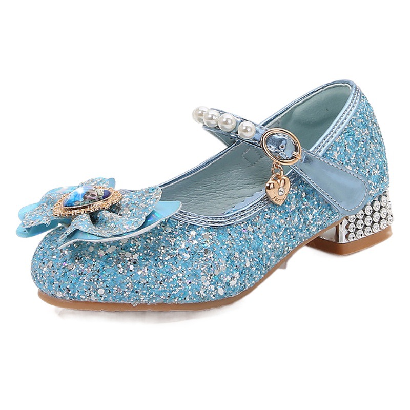 Girls High Heel Leather Shoes 2024 Spring and Autumn New Pearl Bow Elsa Princess Shoes Little Girls Crystal Shoes