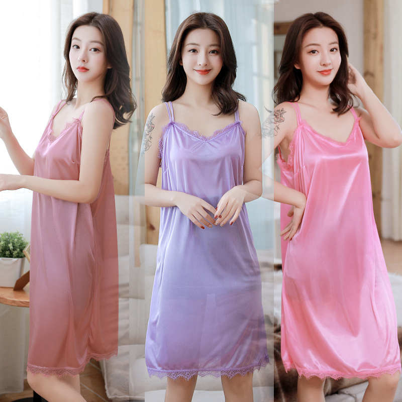 Spring and Summer Imitation Silk Nightgown Women's Pajamas Summer Ice Silk Lace Slim Skirt Pure Color Home Wear Comfortable Single Skirt