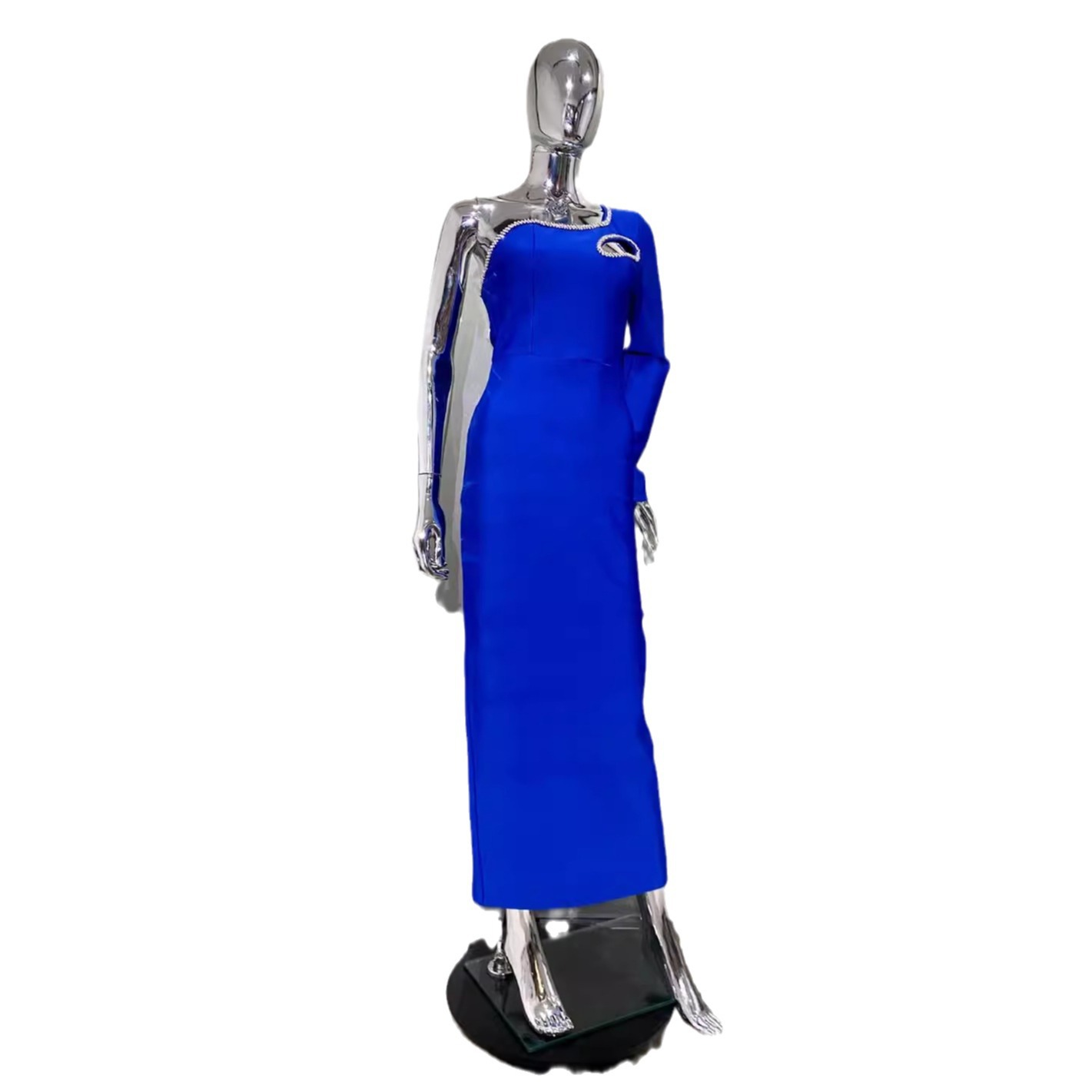 Picture of Blue Fashion Shoulder Long Sleeve Hollow Slim-fit Tight Long Bandage Hip dress Party Party Gown