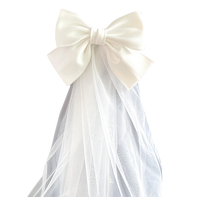 Picture of 2024 New Arrival Bow Veil Super Fairy Wedding Travel Photo White Satin Mesh Hairpin Bridal Hair Accessories