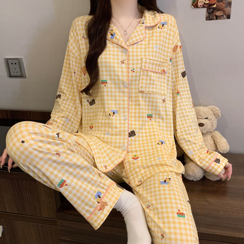 Picture of New Ins Pajamas for Women Simple Stripesd Internet Celebrity Long-Sleeved Cardigan Girl Korean Version Thin Home Wear Set Wholesale