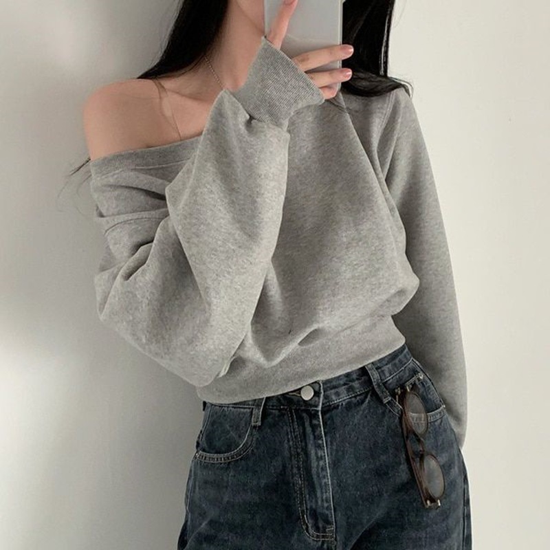 Picture of Thin Pure Color Bottoming Shirt, Elegant One-Line Collar, Off-Shoulder Loose Casual Top, Feminine Short Long-Sleeved Sweatshirt for Women