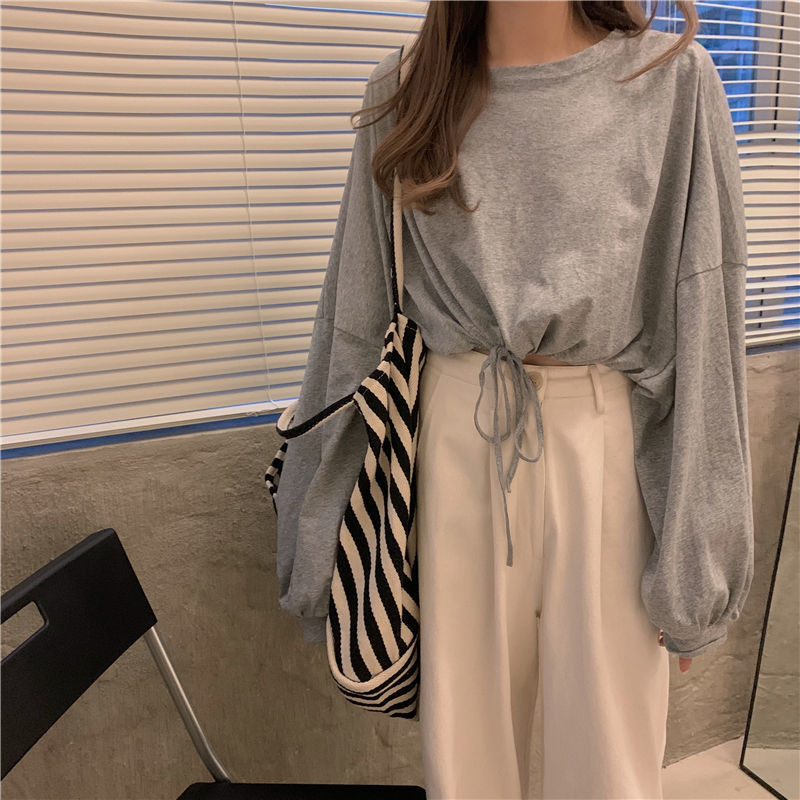 Spring Korean Style Loose High-Waisted Short Long-Sleeved White Top Women's T-Shirt Student Trendy Ins Navel-Baring Autumn Clothing Trendy Outer Wear